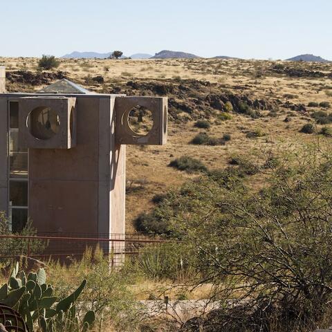 The brutalist exterior of Arcosanti in Arizona