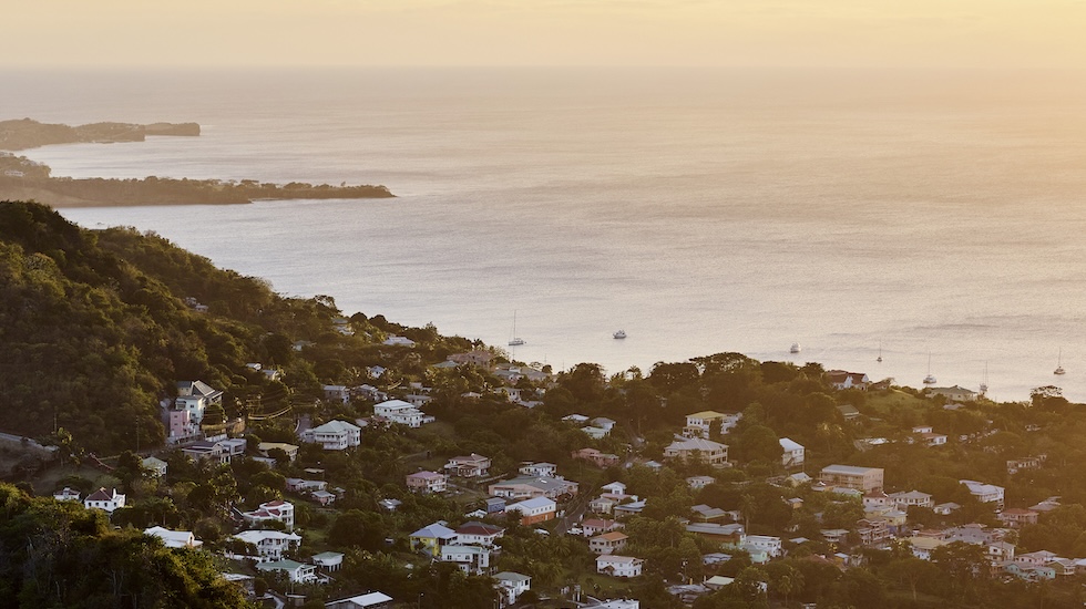 Aerial view of Grenada's coastline at dawn