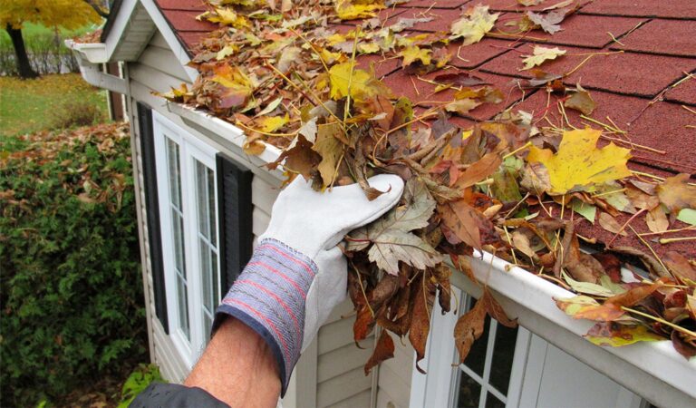 Roof gutters being cleaned as part of fall home maintenance.