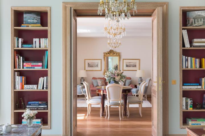 A glimpse through one of Hotel Le Bristol's elegant suites towards the dining space