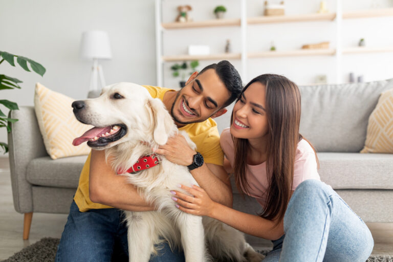 Two people embracing their dog thinking about a pet preparedness kit in case of an emergency.