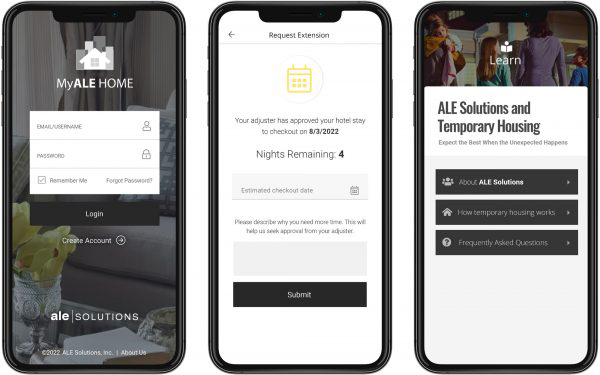 Three iPhones displaying the MyALE HOME App for policyholders to request a temporary housing extension.