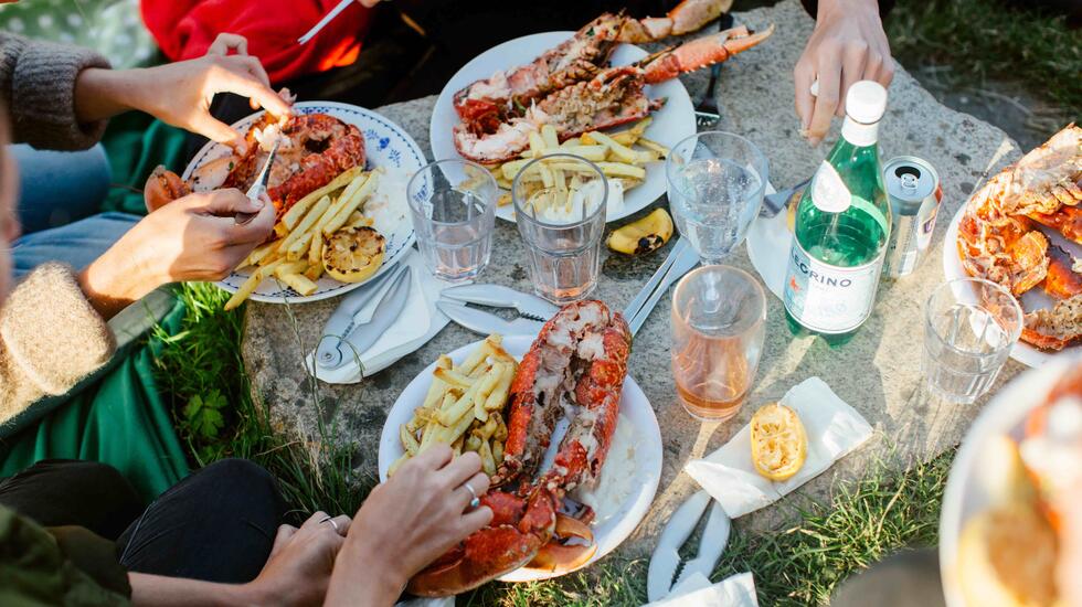 Lobster meal, The Hidden Hut, Cornwall, UK