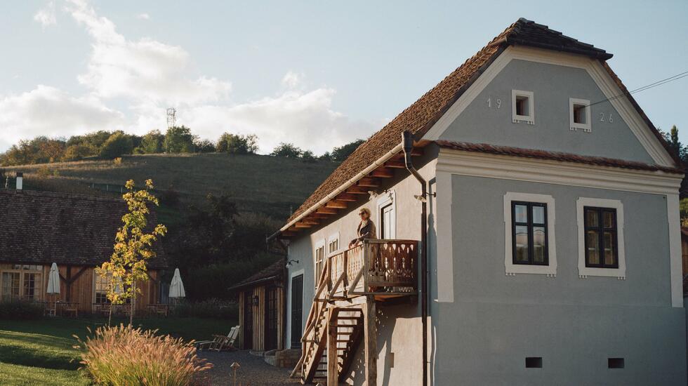 A blue guesthouse at the Bethlen Estates