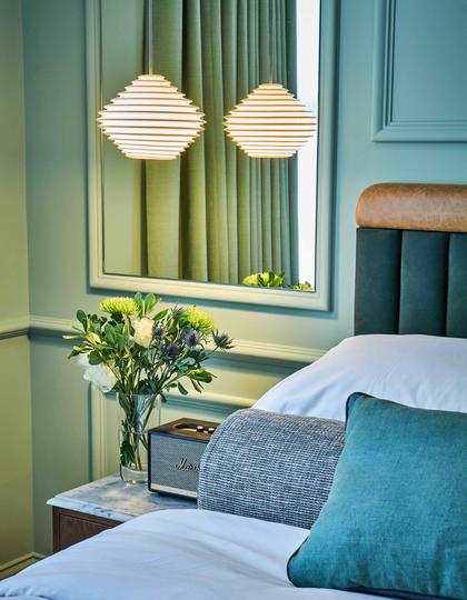 A green-hued suite, The Quarters, at Notting Hill hotel, The Lost Poet