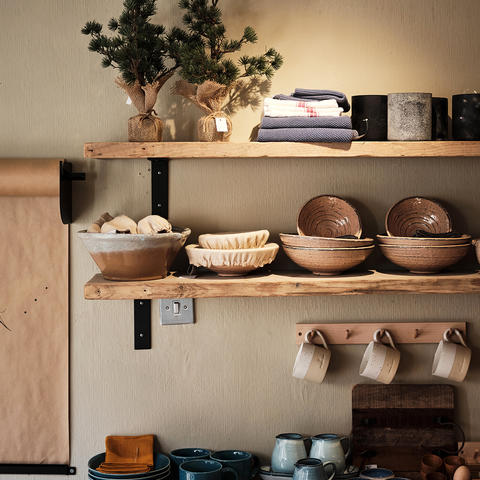 Shelves of homeware store Tusk in Ledbury, Heresfordshire